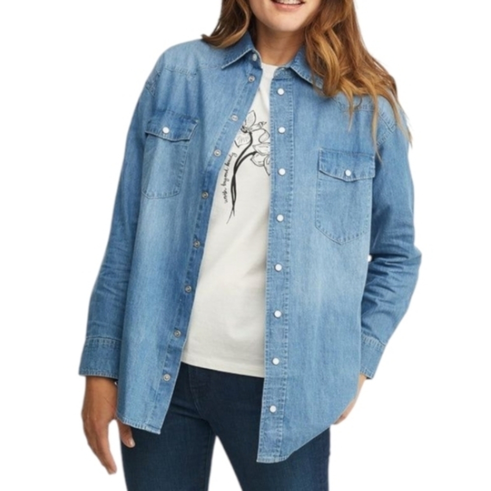 ABLE April Chambray Western Shirt Women Small Oversized Pearl Snap Cowgirl